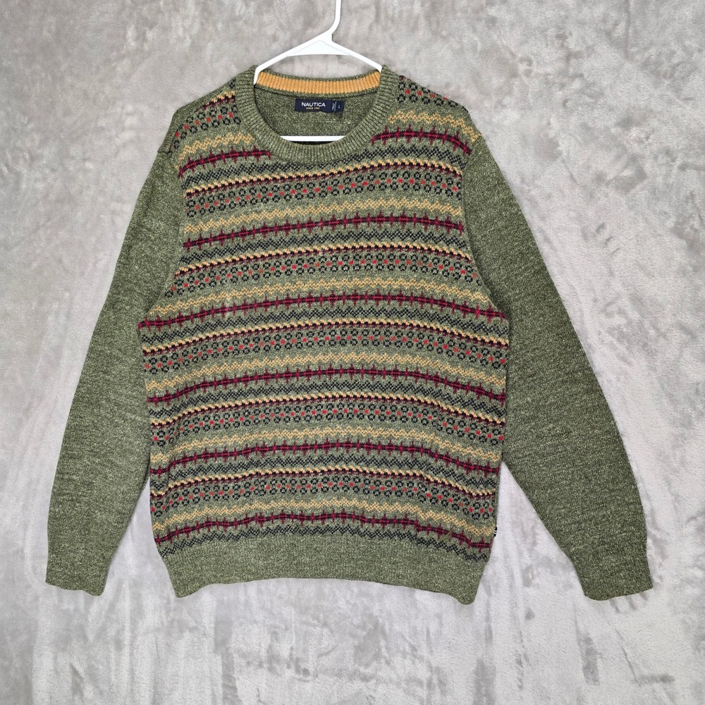 Nautica Men L Green Fair Isle Pattern Crew Neck Cotton Sweater Pullover Stretchy